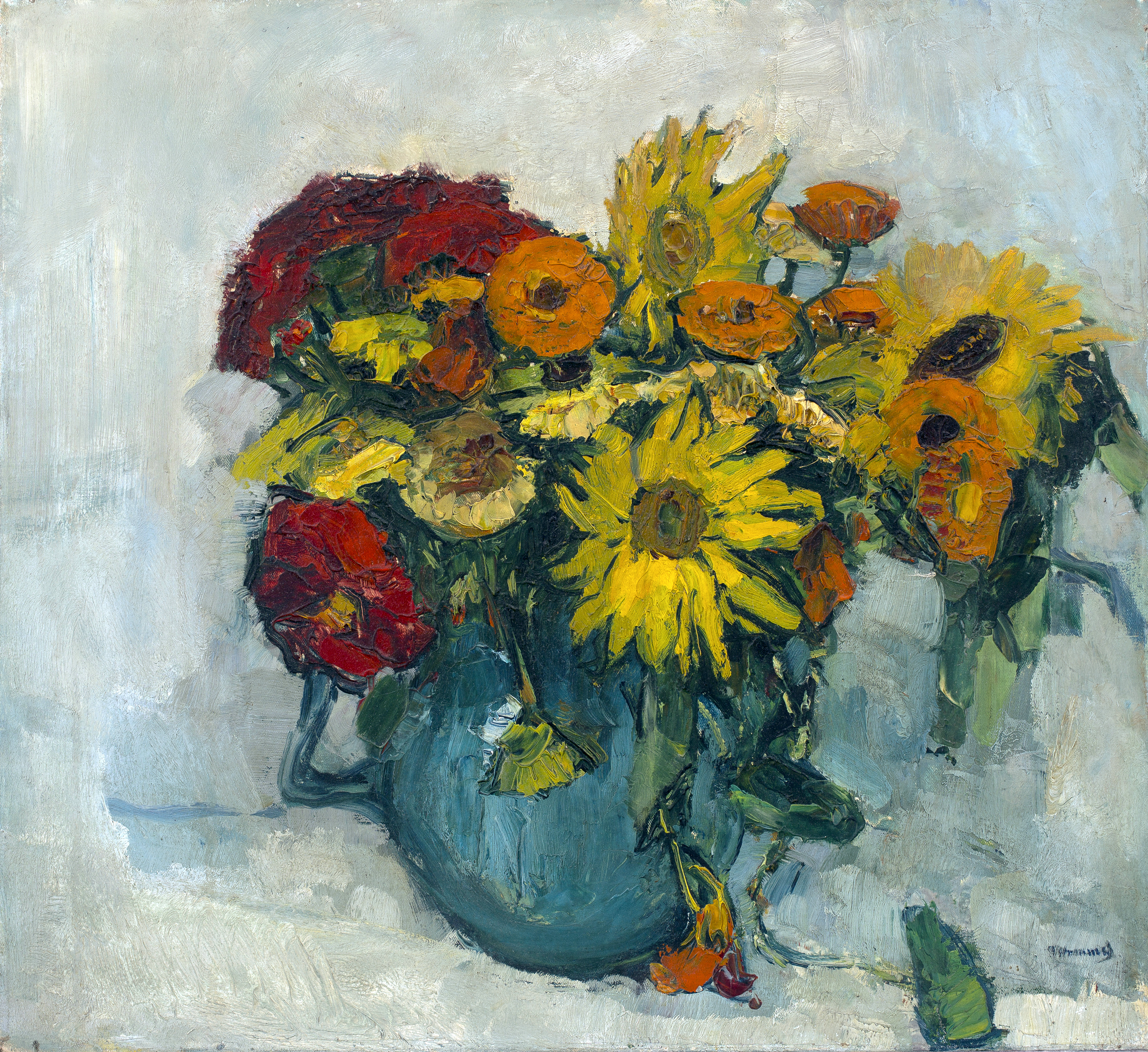 Sonnenblumen und Zinnien im Krug ⋅ um 1920 Image