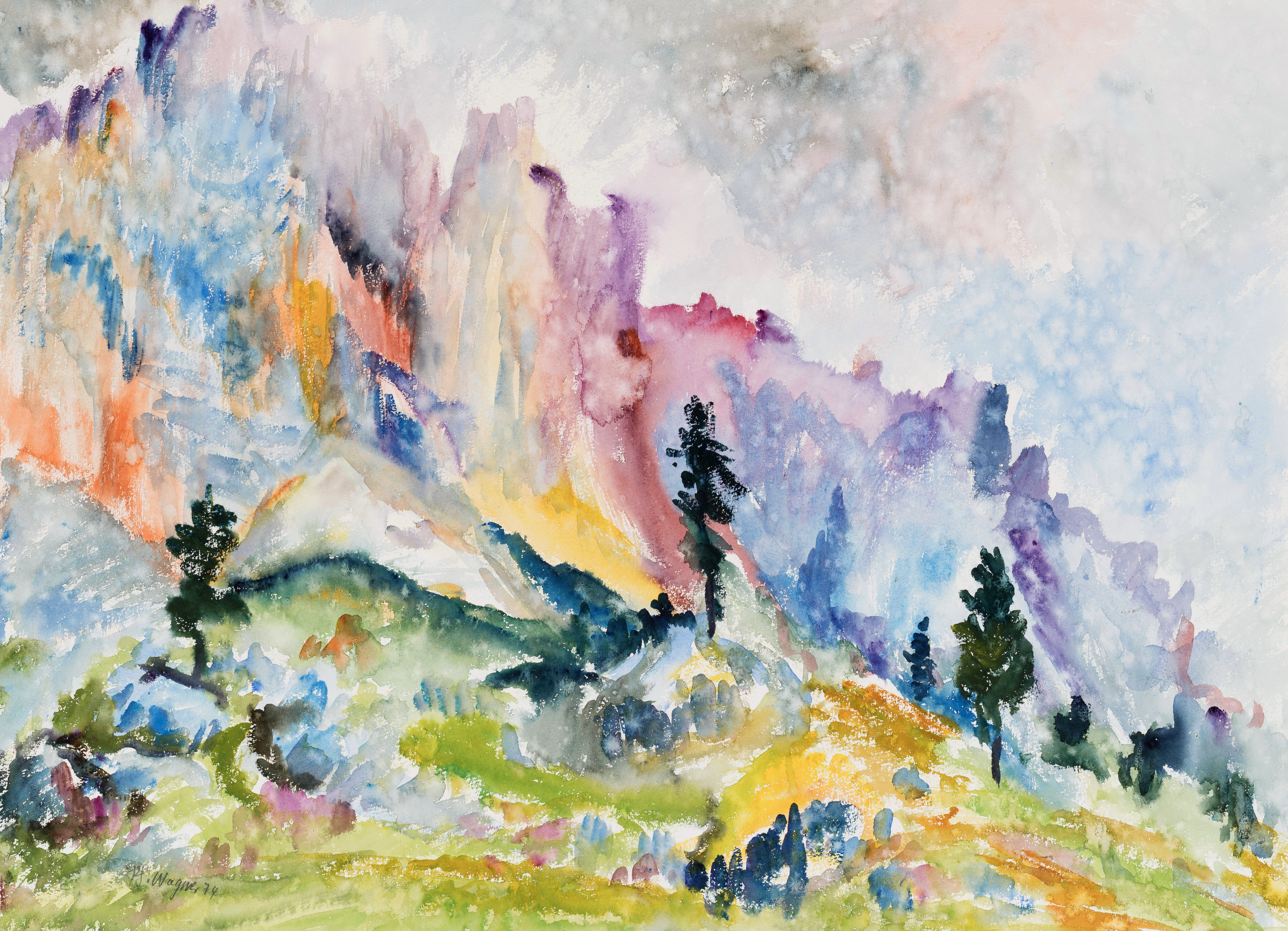 Falzarego-Pass in den Dolomiten ⋅ 1974<br>Aquarell ⋅ 49,5 x 67,5 cm Image